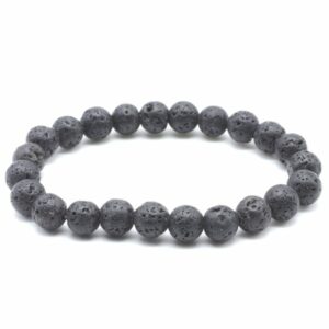 Bracelet élastique en perles naturelles de pierre de lave 8 mm, noir mat avec motifs volcaniques, origine Java Indonésie