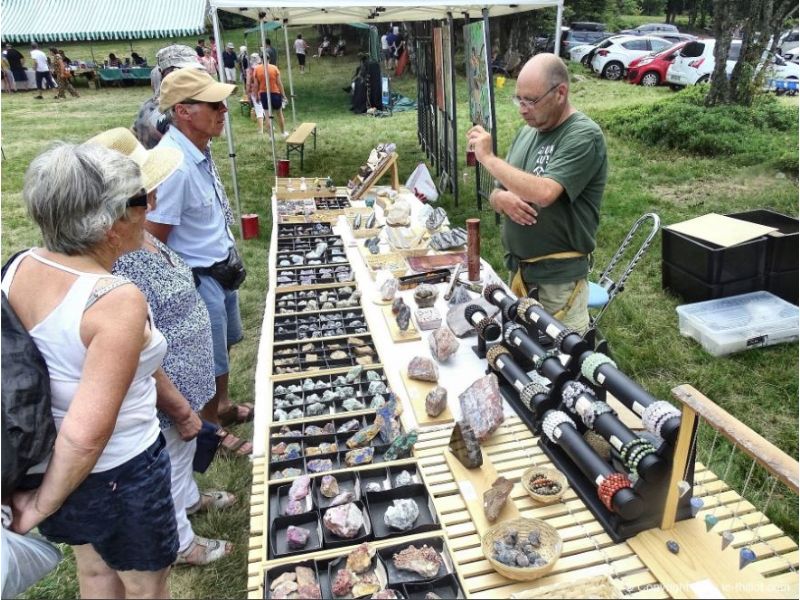 Moi derrière le stand TerraCristaux montrant l’utilisation d’un pendule à un public, avec des minéraux et pierres naturelles exposésminéraux et pierres naturelles exposés.