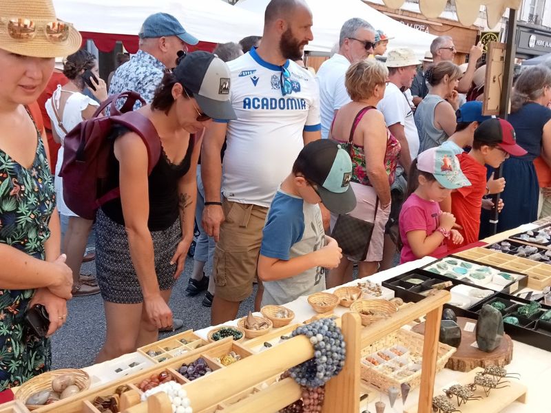 Photo montrant un public nombreux devant le stand TerraCristaux, observant et découvrant les minéraux et pierres naturelles exposés.