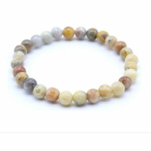 Bracelet en agate crazy lace naturelle du Mexique, perles de 8 mm, motifs tourbillonnants sur fond blanc. Livraison gratuite en France métropolitaine