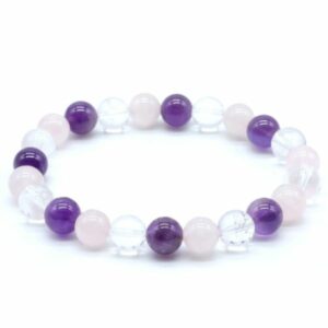 Bracelet en perles naturelles de 8 mm – Améthyste, Quartz Rose et Cristal de Roche – Bijou élastique fabriqué au Brésil, gisement d'Itinga. Livraison gratuite en France métropolitaine
