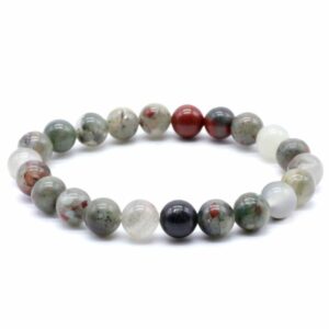Bracelet élastique en jaspe héliotrope naturel avec perles vert foncé de 8 mm et inclusions rouges, origine Afrique du Sud.