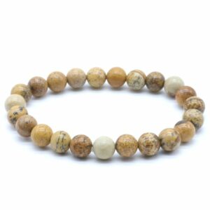 Bracelet élastique en jaspe paysage naturel avec perles de 8 mm, teintes beige et brun. Livraison gratuite en France métropolitaine