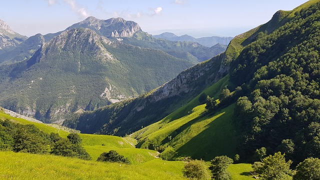 Vue panoramique sur les montagnes de Toscane, avec des collines verdoyantes, des forêts et un ciel clair au-dessus des Alpes Apuanes.