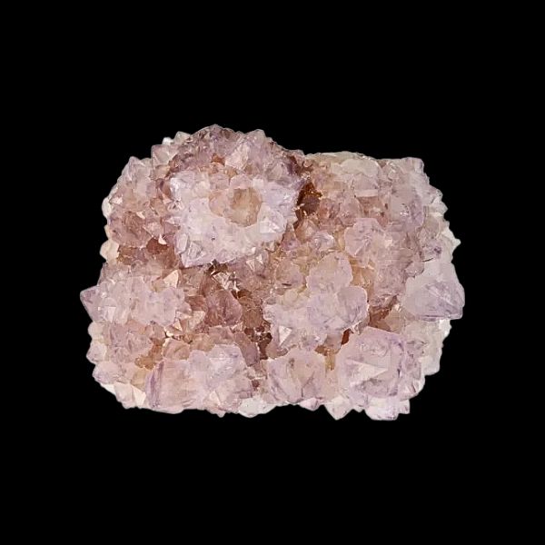 Vue de dessus d’une améthyste cactus naturelle du Boekenhoutshoek, montrant la disposition des cristaux et la profondeur des teintes rosées.