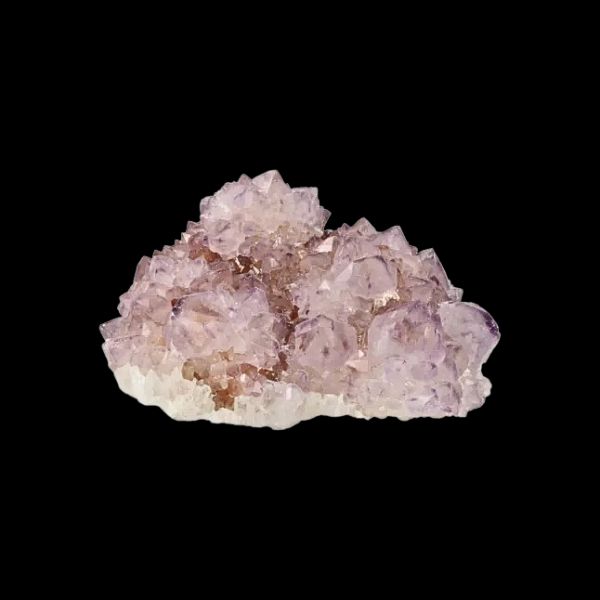 Photo d’un spécimen d’Améthyste Cactus (Spirit Quartz) aux cristaux rosés naturels, formant un cristal central entouré de pointes secondaires, provenant du gisement de Boekenhoutshoek, Mpumalanga, Afrique du Sud, dimension 5 × 7 × 10 cm, poids 0,384 kg.