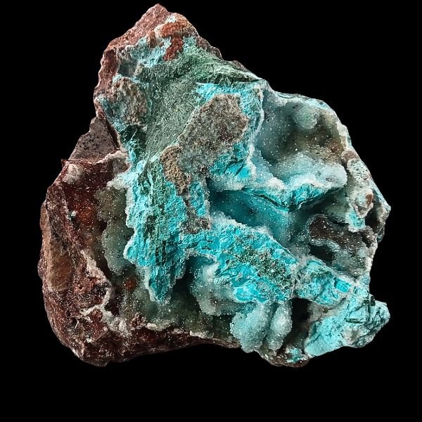 Spécimen minéral de Chrysocolle naturelle, Hémimorphite et Malachite, avec micro-cristaux transparents et éclat vitreux, bleu turquoise et vert, provenance Mine Tantara, Katanga (RDC)