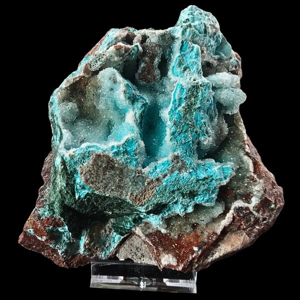 Spécimen minéral de Chrysocolle naturelle, Hémimorphite et Malachite, avec micro-cristaux transparents et éclat vitreux, bleu turquoise et vert, provenance Mine Tantara, Katanga (RDC)