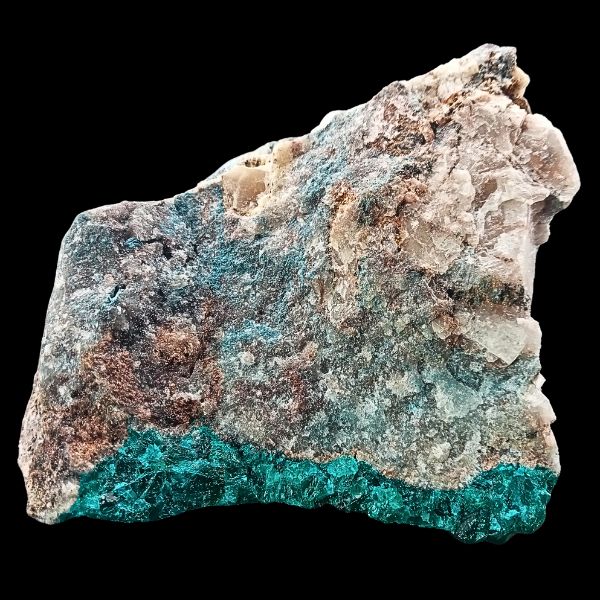 Vue arrière dioptase, matrice minérale, 234 g, Mine de Tantara, Katanga (RDC)