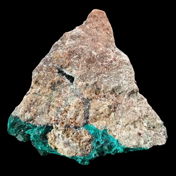 Vue arrière dioptase, matrice minérale, 74 g, Mine de Tantara, Katanga (RDC), détails de la formation