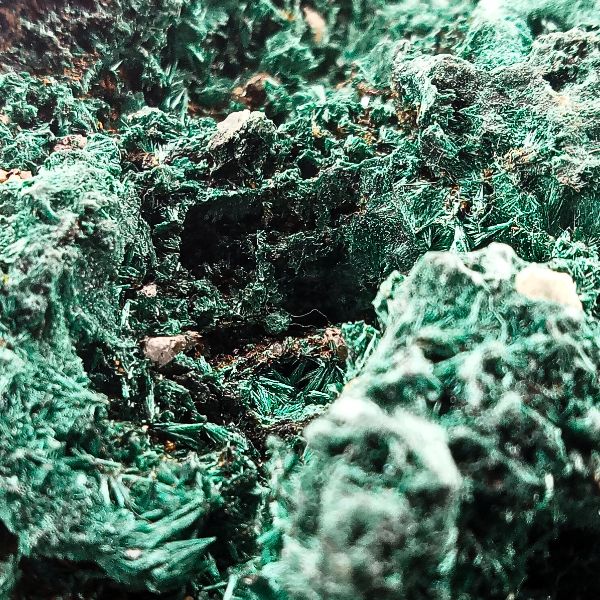 Zoom sur les fibres vertes d’une malachite naturelle de la mine Tantara, montrant la texture soyeuse et les détails minéralogiques.
