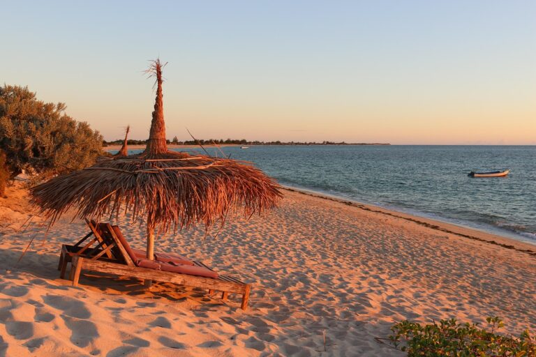 Vue panoramique d’une plage bordant l’océan Indien à Toliara, Madagascar, avec sable doré et la mer.