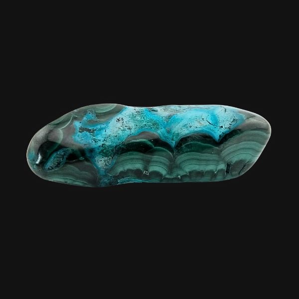 Malachite et chrysocolle de la mine de Tantara, forme libre polie, vue de face